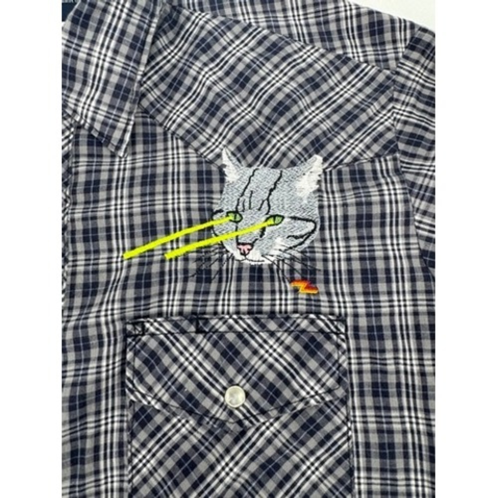 Wrangler Western Shirt Mens M Blue Plaid Laser Cat Embroidery Pearl Snap - Picture 2 of 10
